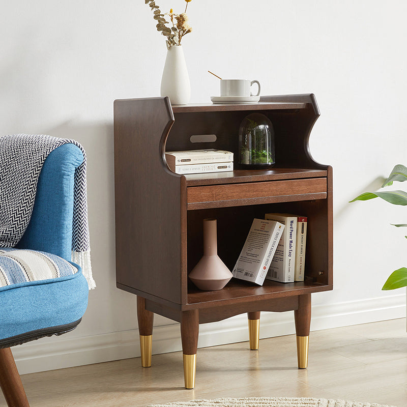 Traditional Vintage Solid Wood Glass Rattan Curved Square Nightstand 2-Tier For Bedroom