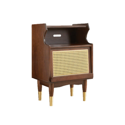 Traditional Vintage Solid Wood Glass Rattan Curved Square Nightstand 2-Tier For Bedroom