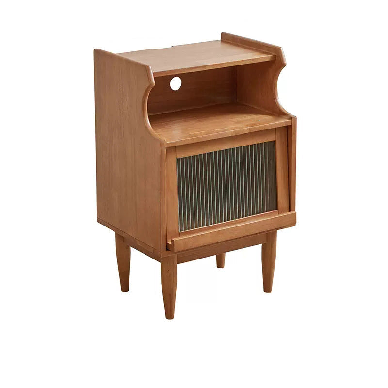 Traditional Vintage Solid Wood Glass Rattan Curved Square Nightstand 2-Tier For Bedroom