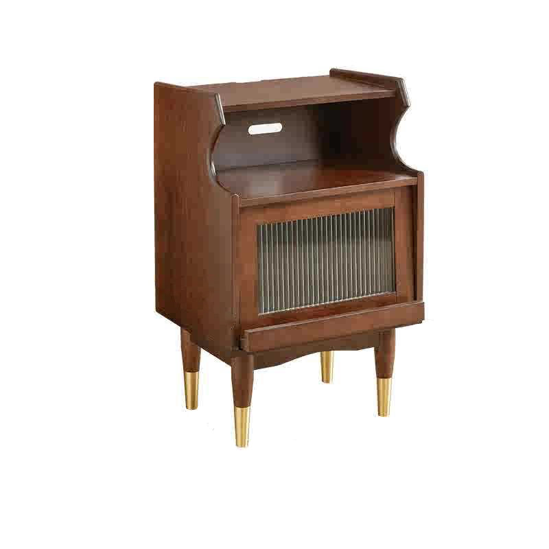 Traditional Vintage Solid Wood Glass Rattan Curved Square Nightstand 2-Tier For Bedroom