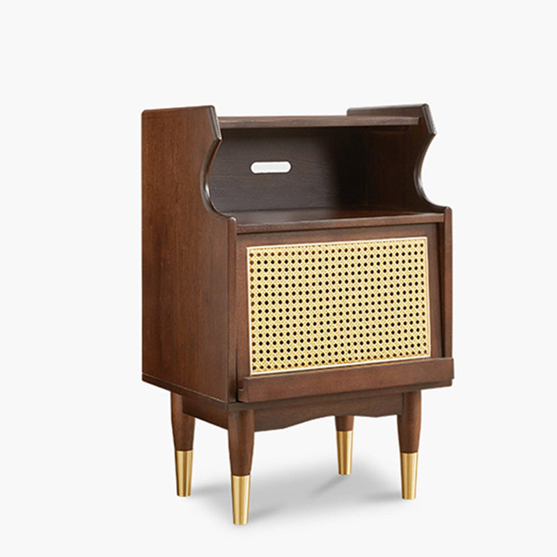 Traditional Vintage Solid Wood Glass Rattan Curved Square Nightstand 2-Tier For Bedroom