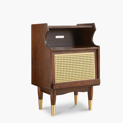 Traditional Vintage Solid Wood Glass Rattan Curved Square Nightstand 2-Tier For Bedroom