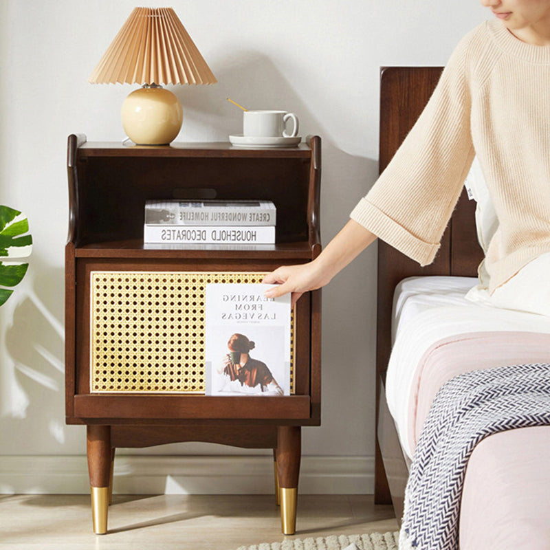 Traditional Vintage Solid Wood Glass Rattan Curved Square Nightstand 2-Tier For Bedroom
