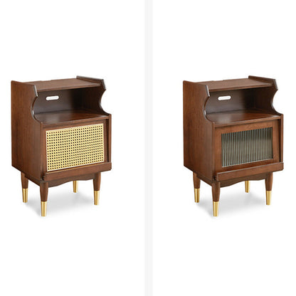 Traditional Vintage Solid Wood Glass Rattan Curved Square Nightstand 2-Tier For Bedroom