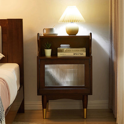 Traditional Vintage Solid Wood Glass Rattan Curved Square Nightstand 2-Tier For Bedroom