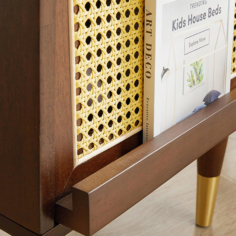 Traditional Vintage Solid Wood Glass Rattan Curved Square Nightstand 2-Tier For Bedroom