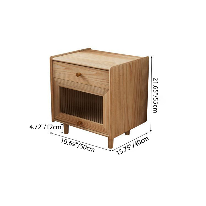 Traditional Japanese Solid Wood Glass Brass Textured Square Nightstand 2-Drawer For Bedroom