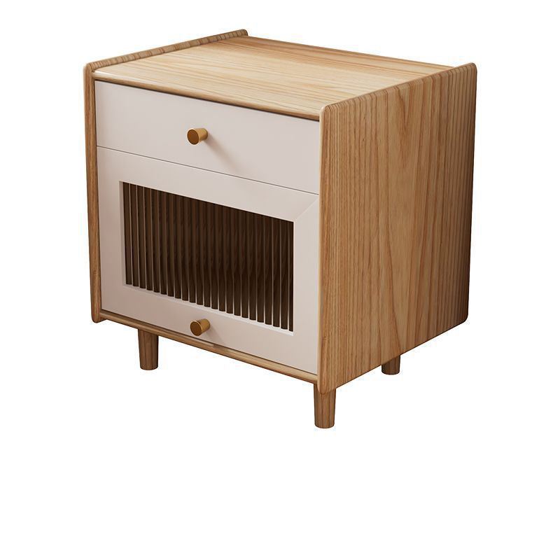 Traditional Japanese Solid Wood Glass Brass Textured Square Nightstand 2-Drawer For Bedroom