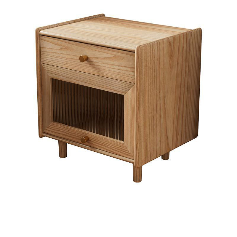 Traditional Japanese Solid Wood Glass Brass Textured Square Nightstand 2-Drawer For Bedroom