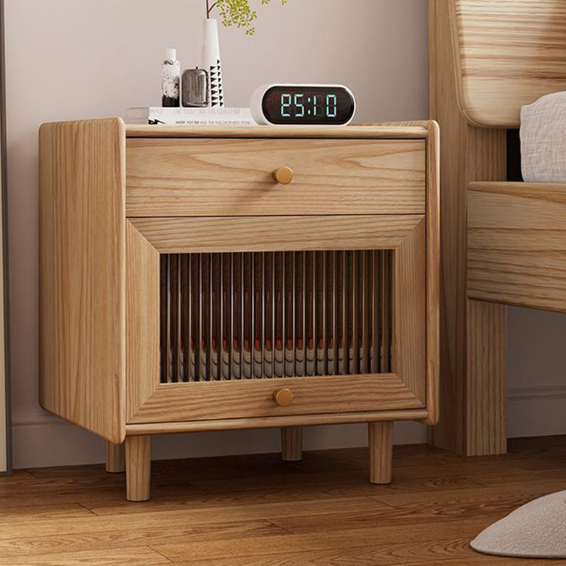 Traditional Japanese Solid Wood Glass Brass Textured Square Nightstand 2-Drawer For Bedroom