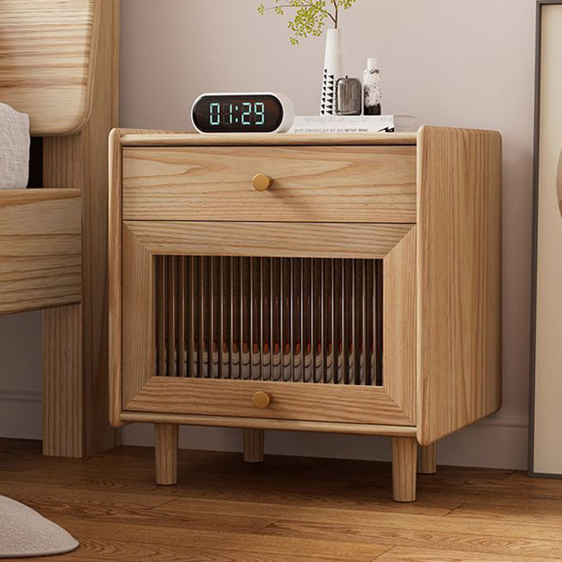 Traditional Japanese Solid Wood Glass Brass Textured Square Nightstand 2-Drawer For Bedroom