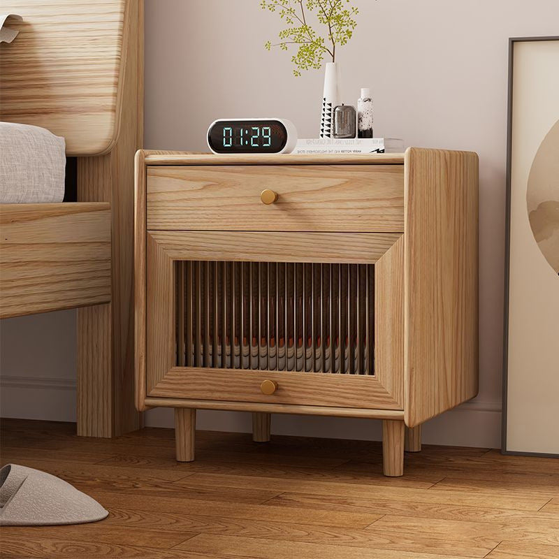 Traditional Japanese Solid Wood Glass Brass Textured Square Nightstand 2-Drawer For Bedroom