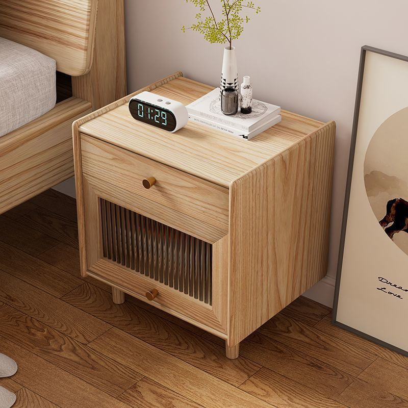 Traditional Japanese Solid Wood Glass Brass Textured Square Nightstand 2-Drawer For Bedroom