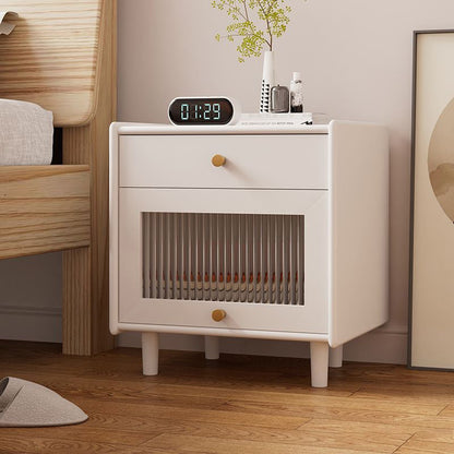 Traditional Japanese Solid Wood Glass Brass Textured Square Nightstand 2-Drawer For Bedroom