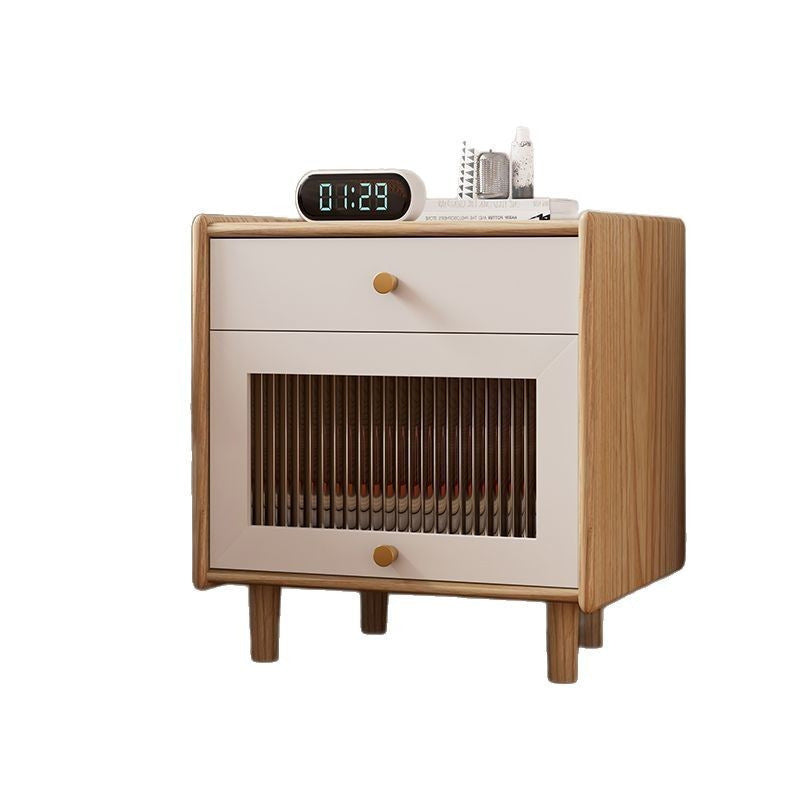 Traditional Japanese Solid Wood Glass Brass Textured Square Nightstand 2-Drawer For Bedroom