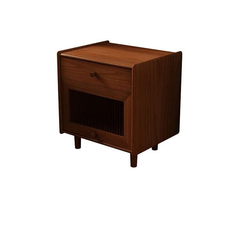 Traditional Japanese Solid Wood Glass Brass Textured Square Nightstand 2-Drawer For Bedroom