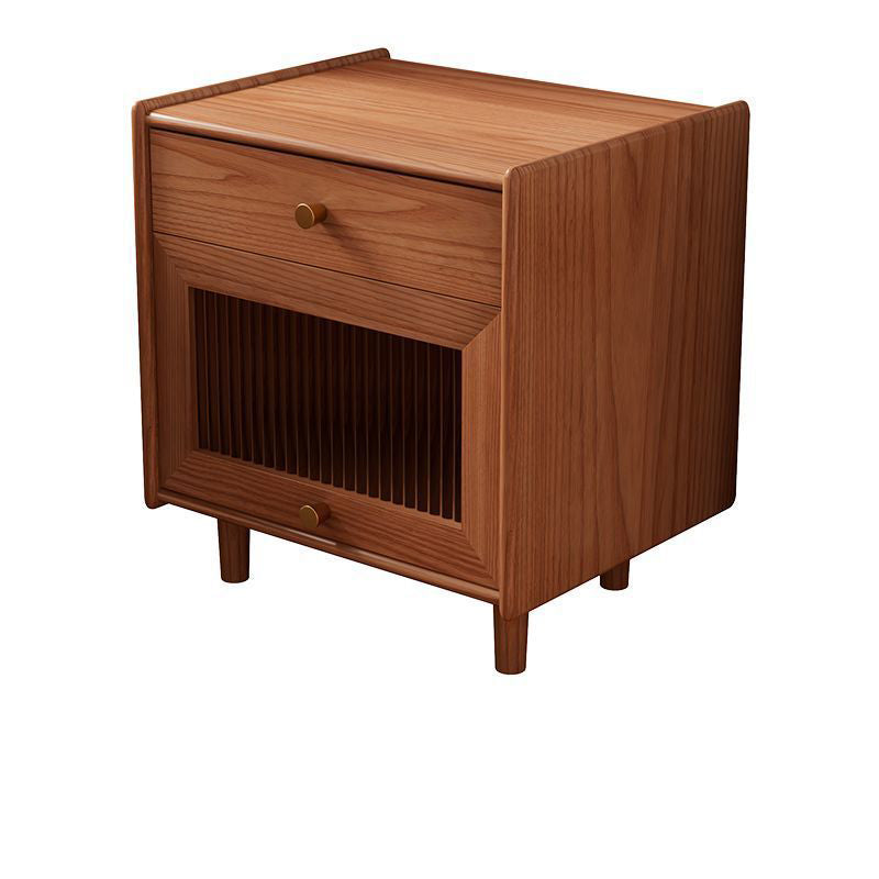 Traditional Japanese Solid Wood Glass Brass Textured Square Nightstand 2-Drawer For Bedroom