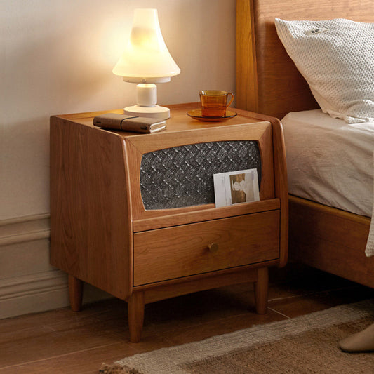 Traditional Vintage Cherry Wood Glass Cylindrical Square Nightstand 2-Drawer For Bedroom