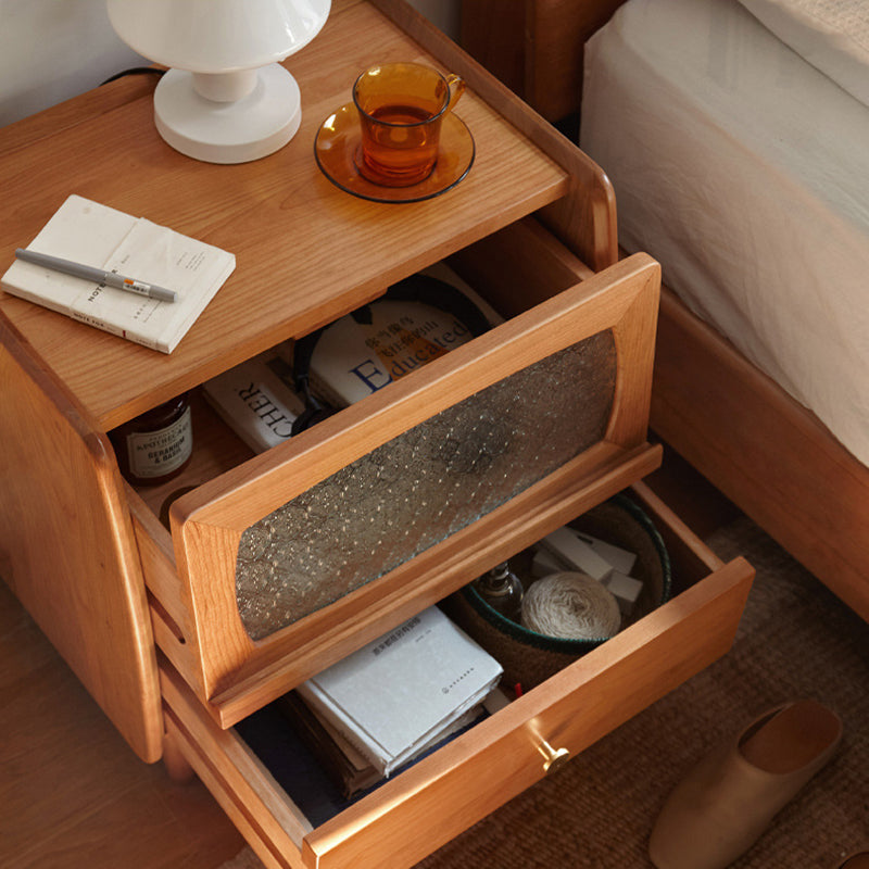 Traditional Vintage Cherry Wood Glass Cylindrical Square Nightstand 2-Drawer For Bedroom