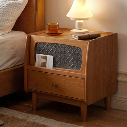 Traditional Vintage Cherry Wood Glass Cylindrical Square Nightstand 2-Drawer For Bedroom