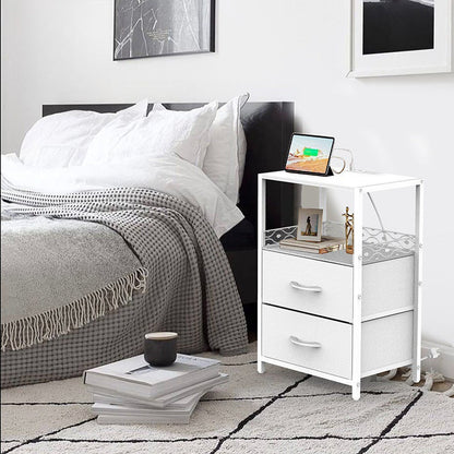 Traditional Vintage Solid Wood Metal Textured Rectangular Side Table With 2 Drawers For Bedroom