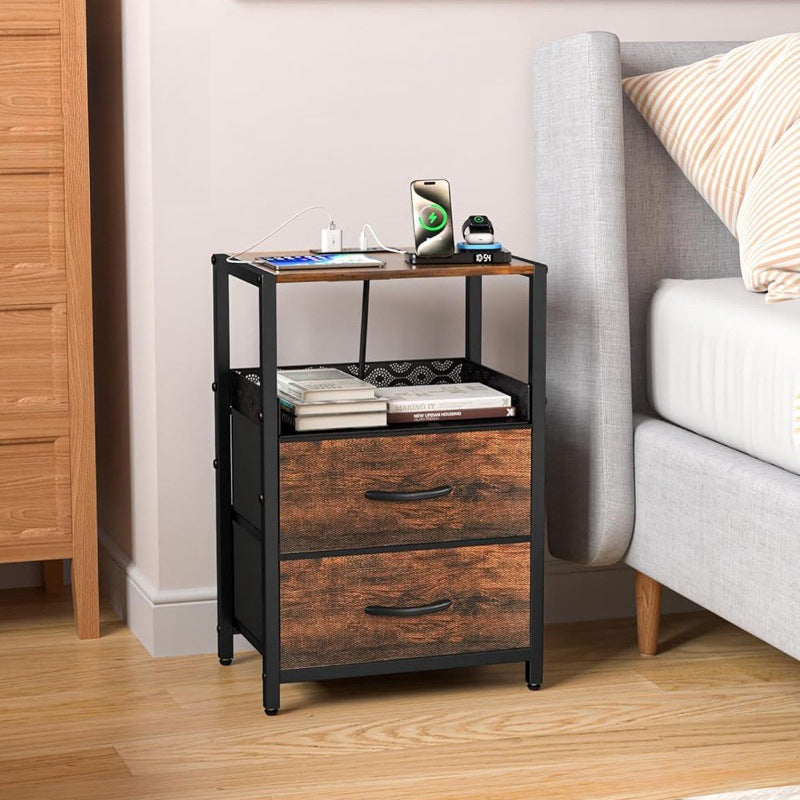 Traditional Vintage Solid Wood Metal Textured Rectangular Side Table With 2 Drawers For Bedroom