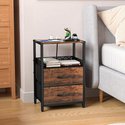 Traditional Vintage Solid Wood Metal Textured Rectangular Side Table With 2 Drawers For Bedroom