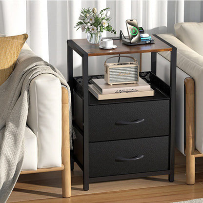 Traditional Vintage Solid Wood Metal Textured Rectangular Side Table With 2 Drawers For Bedroom