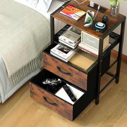 Traditional Vintage Solid Wood Metal Textured Rectangular Side Table With 2 Drawers For Bedroom