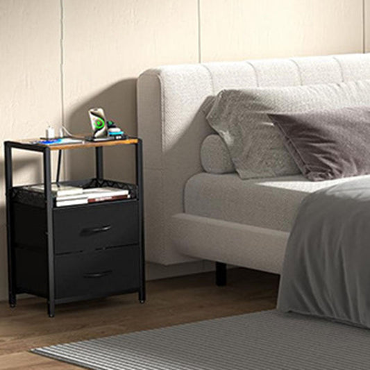 Traditional Vintage Solid Wood Metal Textured Rectangular Side Table With 2 Drawers For Bedroom