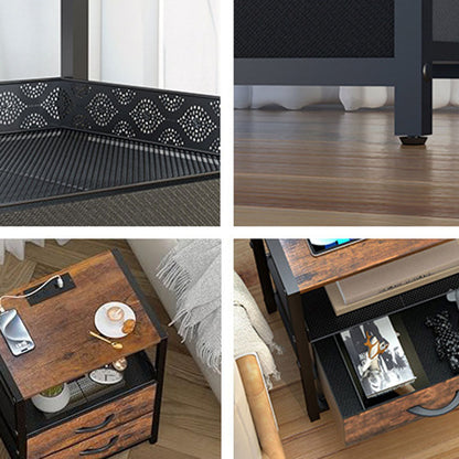 Traditional Vintage Solid Wood Metal Textured Rectangular Side Table With 2 Drawers For Bedroom