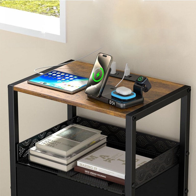 Traditional Vintage Solid Wood Metal Textured Rectangular Side Table With 2 Drawers For Bedroom