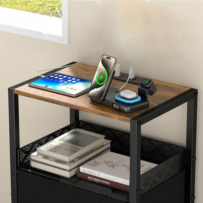 Traditional Vintage Solid Wood Metal Textured Rectangular Side Table With 2 Drawers For Bedroom