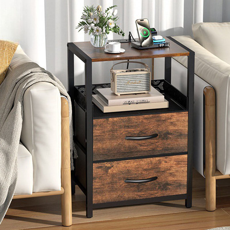 Traditional Vintage Solid Wood Metal Textured Rectangular Side Table With 2 Drawers For Bedroom