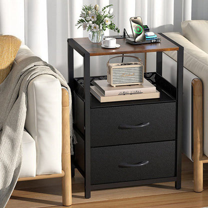 Traditional Vintage Solid Wood Metal Textured Rectangular Side Table With 2 Drawers For Bedroom