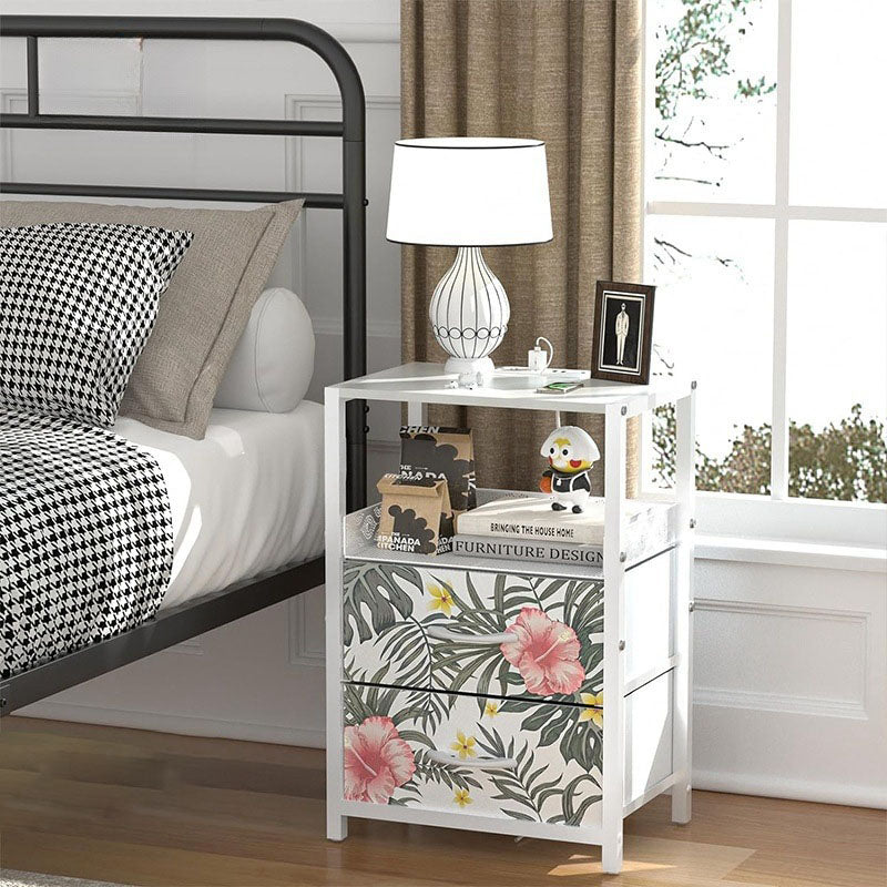 Traditional Vintage Solid Wood Metal Textured Rectangular Side Table With 2 Drawers For Bedroom