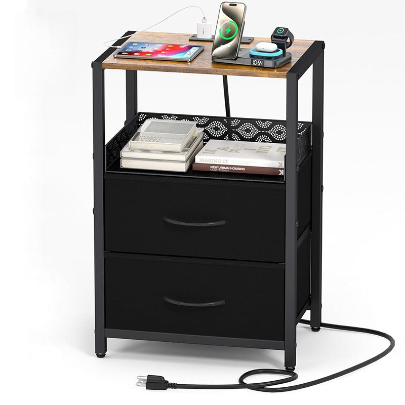 Traditional Vintage Solid Wood Metal Textured Rectangular Side Table With 2 Drawers For Bedroom