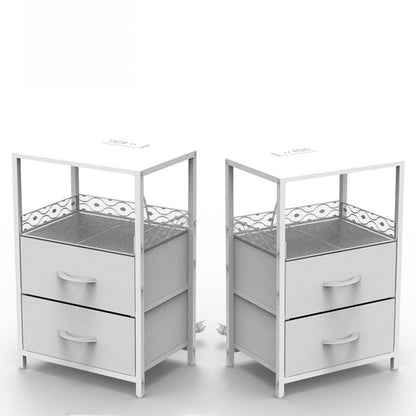 Traditional Vintage Solid Wood Metal Textured Rectangular Side Table With 2 Drawers For Bedroom