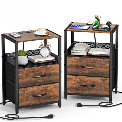 Traditional Vintage Solid Wood Metal Textured Rectangular Side Table With 2 Drawers For Bedroom