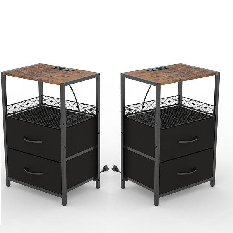 Traditional Vintage Solid Wood Metal Textured Rectangular Side Table With 2 Drawers For Bedroom