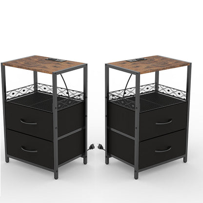 Traditional Vintage Solid Wood Metal Textured Rectangular Side Table With 2 Drawers For Bedroom