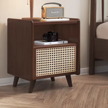 Traditional Chinese Solid Wood Rattan Square Cylinder Hollow Nightstand With 1-Drawer For Bedroom