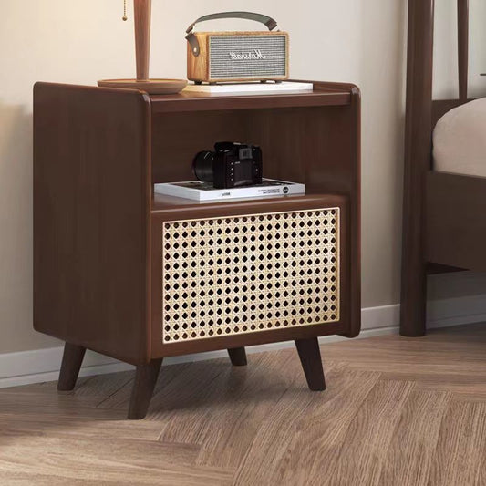 Traditional Chinese Solid Wood Rattan Square Cylinder Hollow Nightstand With 1-Drawer For Bedroom