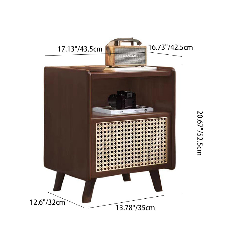 Traditional Chinese Solid Wood Rattan Square Cylinder Hollow Nightstand With 1-Drawer For Bedroom