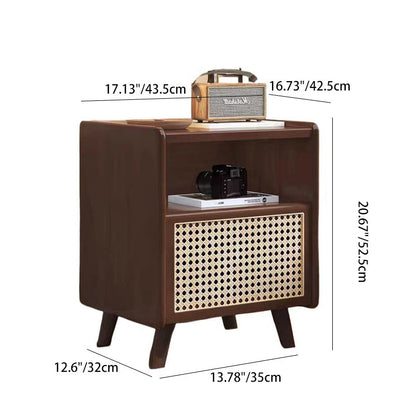 Traditional Chinese Solid Wood Rattan Square Cylinder Hollow Nightstand With 1-Drawer For Bedroom