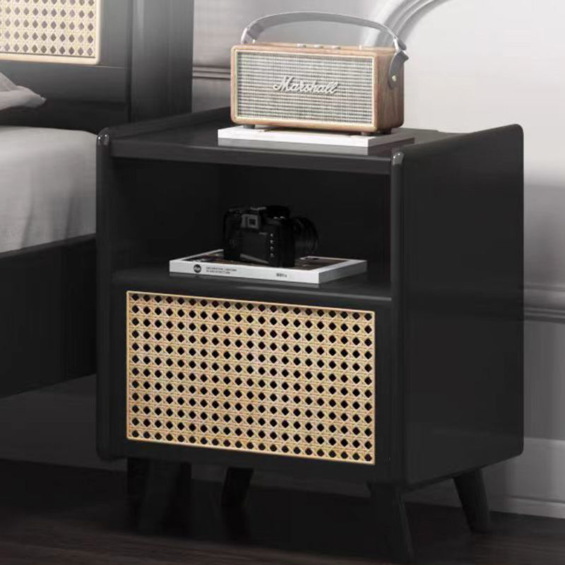 Traditional Chinese Solid Wood Rattan Square Cylinder Hollow Nightstand With 1-Drawer For Bedroom