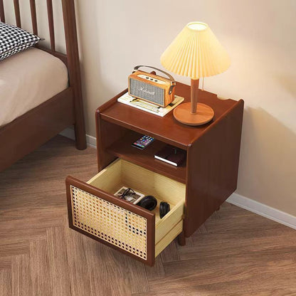 Traditional Chinese Solid Wood Rattan Square Cylinder Hollow Nightstand With 1-Drawer For Bedroom