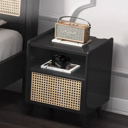 Traditional Chinese Solid Wood Rattan Square Cylinder Hollow Nightstand With 1-Drawer For Bedroom