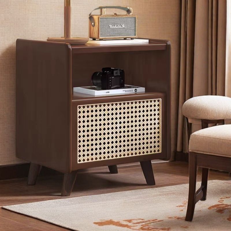 Traditional Chinese Solid Wood Rattan Square Cylinder Hollow Nightstand With 1-Drawer For Bedroom