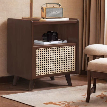 Traditional Chinese Solid Wood Rattan Square Cylinder Hollow Nightstand With 1-Drawer For Bedroom